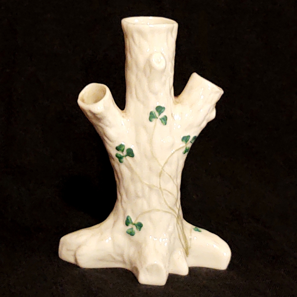 Vintage Belleek Ireland Shamrock Tree Trunk Vase